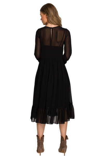 Sukienka szyfonowa midi z falbanką i długim rękawem czarna
